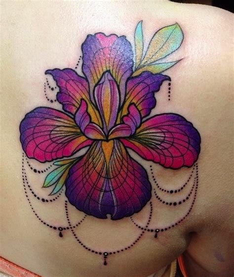 Lovely Vivid Colored Iris Flower With Beads Tattoo On Back