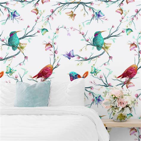 Birds Wallpaper Peel And Stick Wallpaper Flower And Etsy