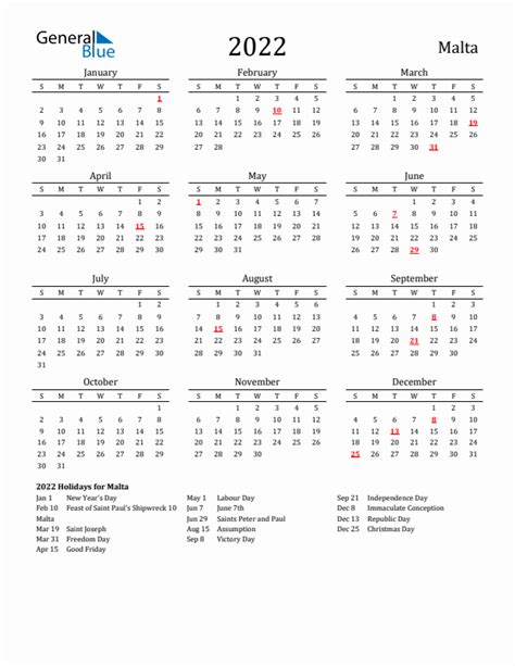 2022 Malta Calendar With Holidays
