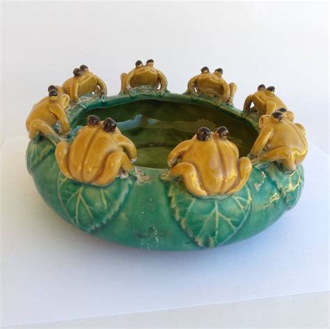 Vintage Majolica Frog Bowl 8 Frogs On Rim Art Pottery Planter Etsy