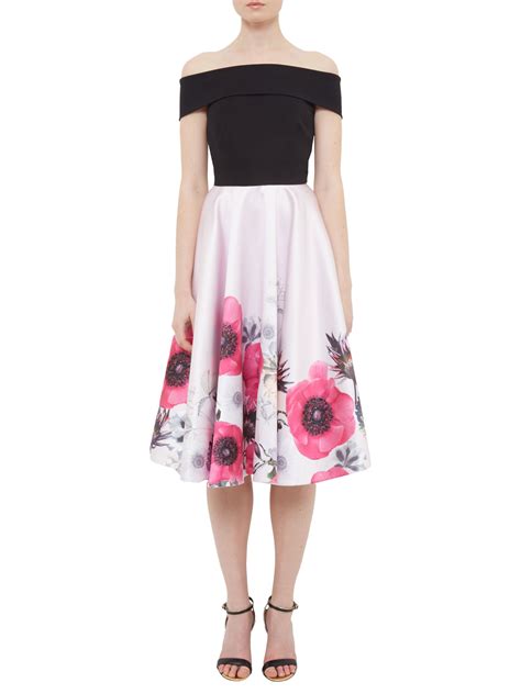 Ted Baker Lairea Neon Poppy Bardot Midi Dress Nude Pink