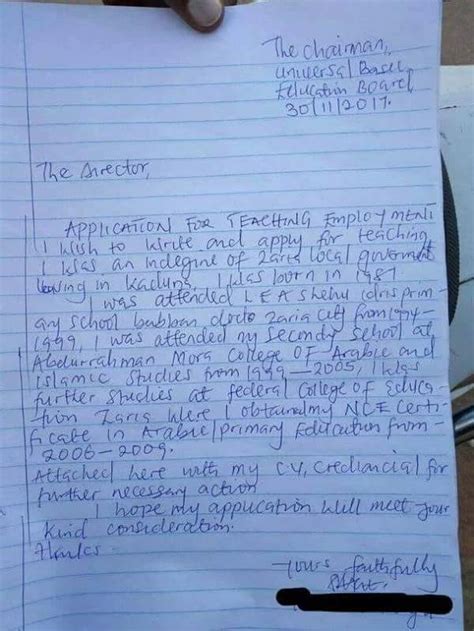 Sometimes, to understand how to write a job application letter, sample writing is needed. Application Letter A Teacher Wrote In Kaduna (Photos ...