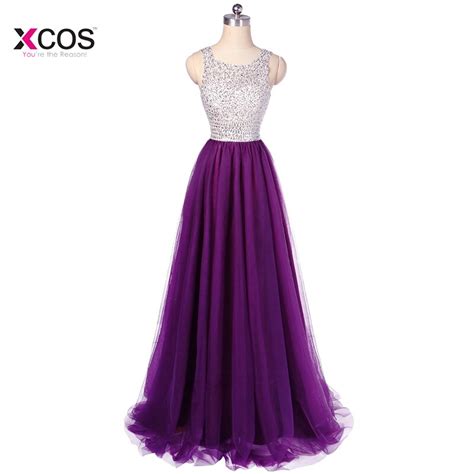 Formal A Line Tulle Prom Dresses 2018 Floor Length Scoop Crystal Beaded