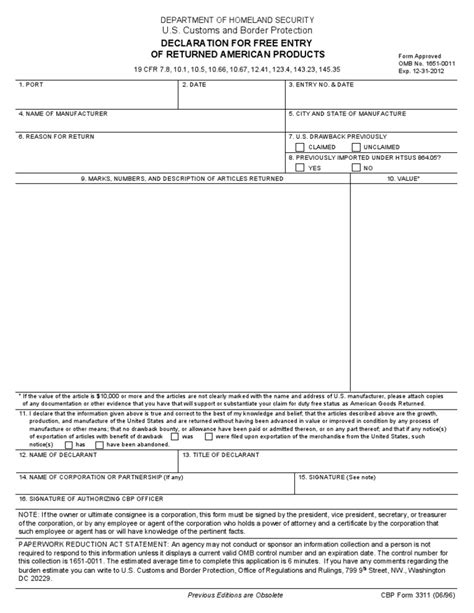 Us Customs Form Cbp Form 3311 Declaration For Free Entry Of