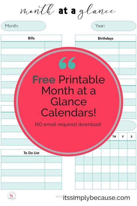 Free Printable Month At A Glance Calendars At A Glance Calendar Free