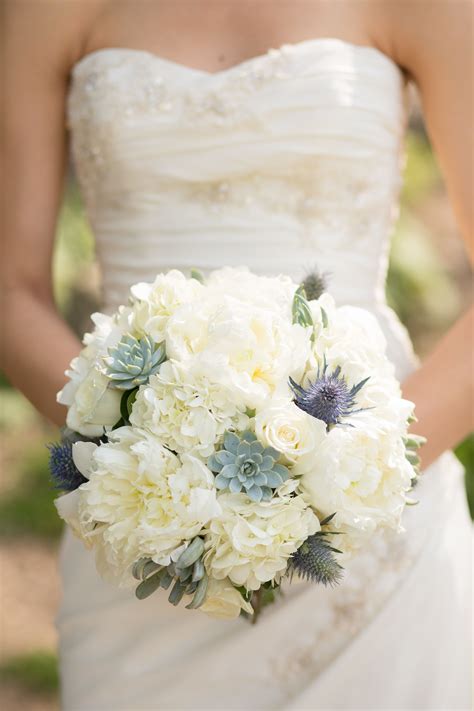 White Peony Hydrangea And Thistle Bouquet Blue Wedding Flower