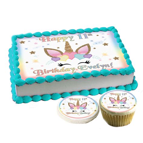 Transform a plain sheet cake into a unicorn cake like this version from cakes.com. Unicorn face hearts Birthday Cake topper Edible paper ...