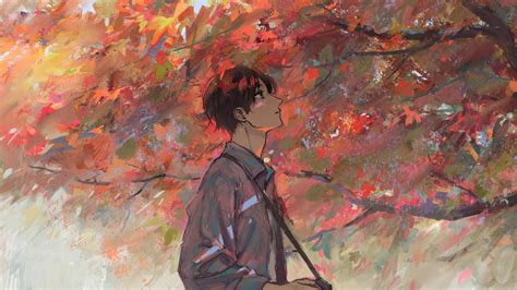 Download Wallpaper 1366x768 Anime Boy Autumn Tree Artwork Tablet