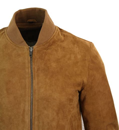 Mens Real Suede Leather Varsity Bomber Jacket Classic Vintage Camel
