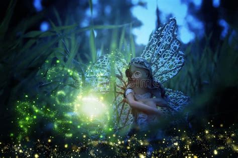 Image Of Magical Little Fairy Sitting In The Night Forest Stock Image