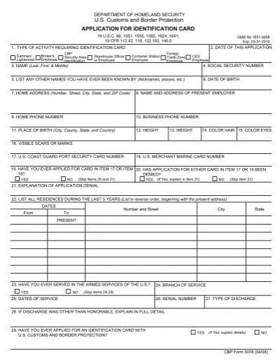Application For Identification Card Us Customs Forms