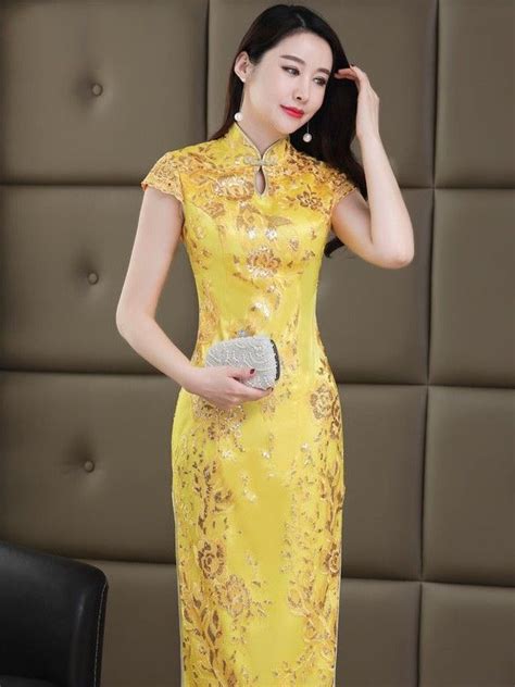 Gold Sequined Long Qipao Cheongsam Wedding Dress Cozyladywear
