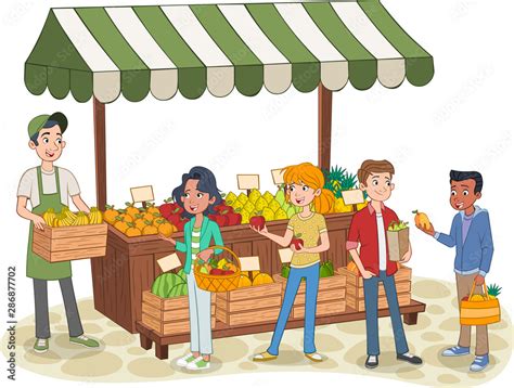 Group Of Cartoon Teenager Buying Fruits At A Street Market Stand Local