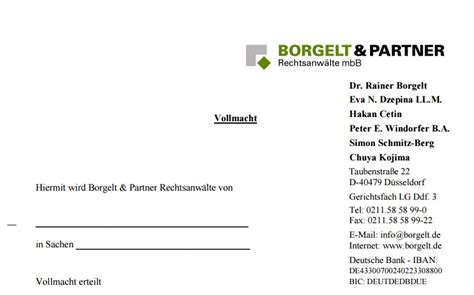 Jemandem eine vollmacht für die eigene kreditkarte zu erteilen, ist möglich und relativ unkompliziert. Vollmacht Borgelt Partner Rechtsanwalte Mbb