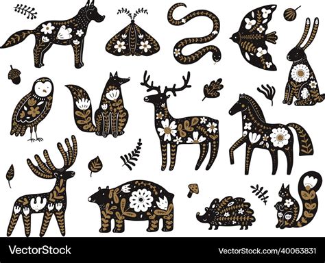 Scandinavian Flowers Animals Folklore Nordic Vector Image