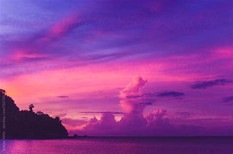 Beautiful Serene Tropical Purple Sunset Over Thailands Islands By
