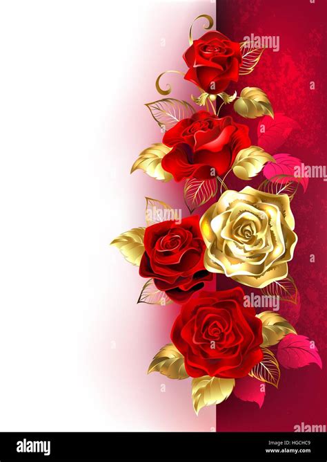 Design With Red And Gold Roses On A White And Red Background Design