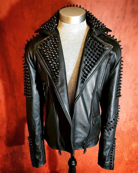 Mens Black Spiked Studded Punk Rock Leather Jacket Jackets Maker
