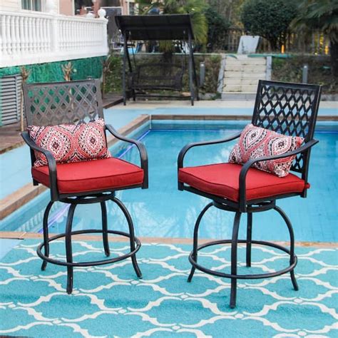 Phi Villa Black Swivel Metal Outdoor Bar Stool With Red Cushion 2 Pack