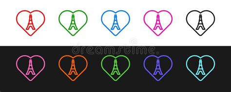 Set Line Eiffel Tower With Heart Icon Isolated On Black And White