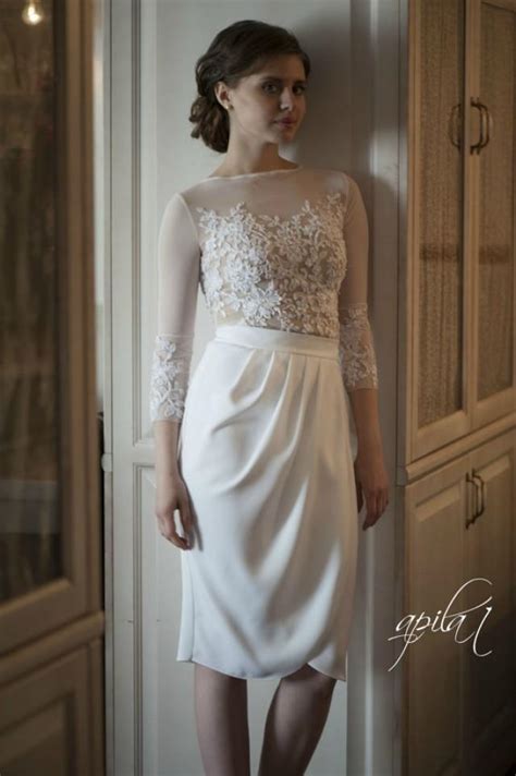 Short Wedding Dress White And Nude Wedding Dress Crepe And Lace Dress