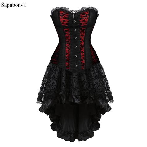Sapubonva Bustier Corsets Dress With Skirt Set Red And Black Corset Costume Halloween Lace
