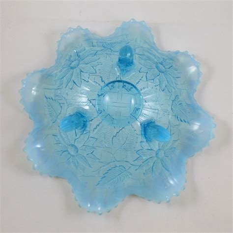 Antique Northwood Blue Opal Lattice Poinsettia Opalescent Glass