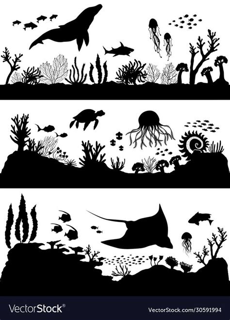 Silhouette Of Sea Coral Reef Oceanic Animal Set Vector Illustration
