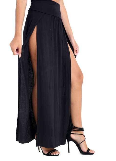 new ladies plain double split high waist side slit basic summer long maxi skirt ebay