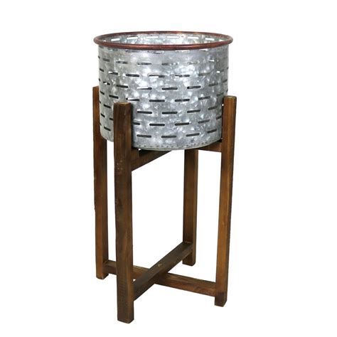 Wood Plant Stand With Galvanized Planter Wooden Base Rustic Primitive