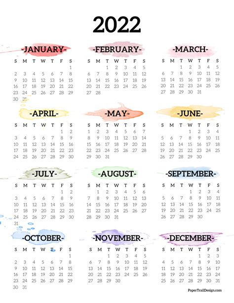 2022 One Page Calendar Printable Watercolor Paper Trail Design