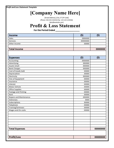 Profit And Loss Excel Template Free Download