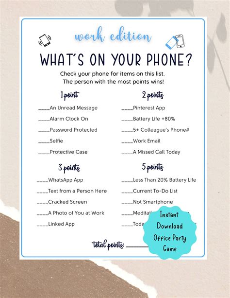 Office Party Printable Whats On Your Phone Game Coworker Staff Game Fun