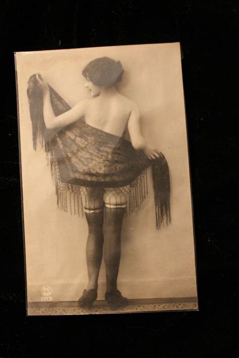 Risque French Postcard Nude Flapper Girl With Scarf And Stockings