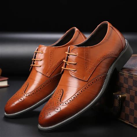 Brand Business Mens Dress Shoes Genuine Leather Tan Black Italian