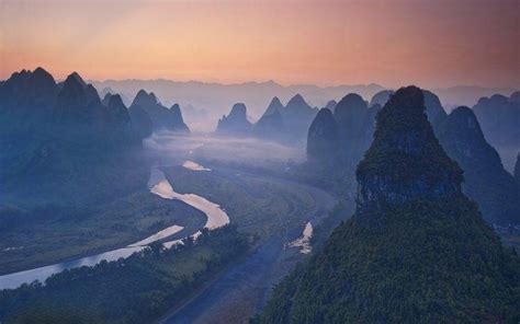 Nature Landscape River Mist China Mountain Forest Sunrise