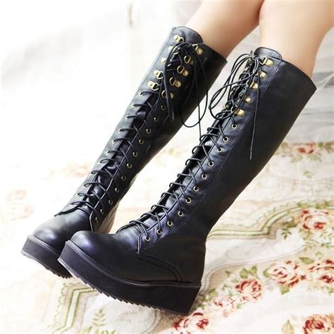 Details About Punk Gothic Motrocycle Womens Platform Lace Up Military