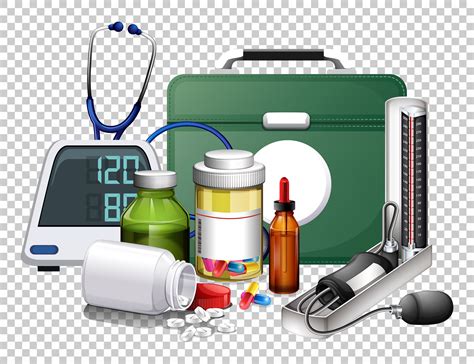 Set Of Medical Equipments And Pills On Transparent Background 1211673