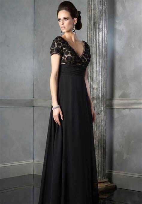 Elegant Empire V Neck Floor Length Chiffon Black Gorgeous Plus Size Mother Of Bride Dresses 201