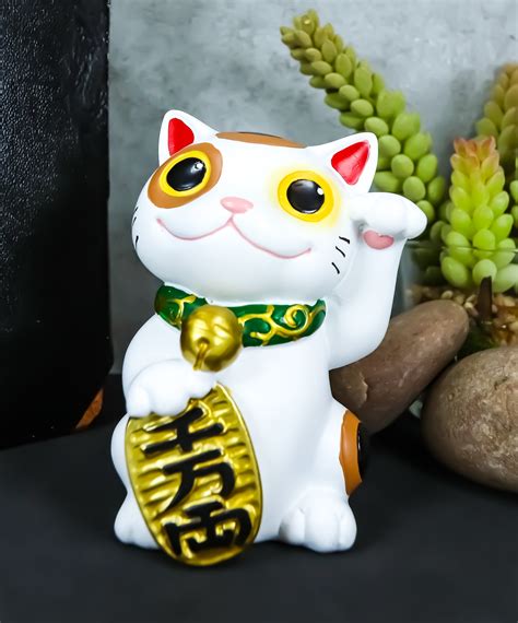 Ebros Japanese Lucky Charm White Beckoning Cat Maneki Neko Statue 4h