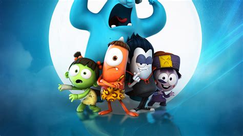 Cartoon Characters Are Standing In Front Of The Letter E On A Blue