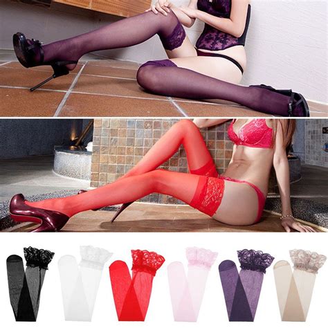 2017 Sexy Women Thigh High Stockings Sheer Lace Top Silicone Band Stay Up Over Knee Stockings