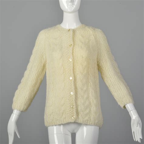 Large 1960s Cream Cardigan Vtg Wool Mohair Blend Cable