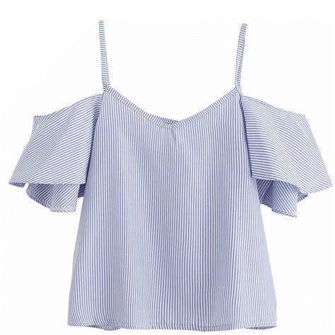 Womens Sexy Summer Shirts Tops Ladies Blue Pinstripe Cute Ruffle Slip