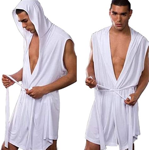 Mens Hooded Robes Sleeveless Ice Silk Bath Robe Lounge Kimono Sleepwear Bathrobe White M