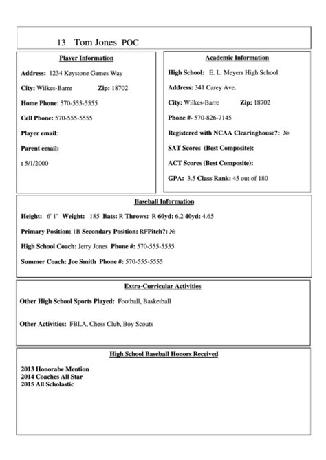 sample baseball player profile template printable