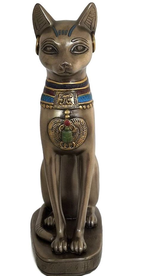 Cat Goddess Bastet Statue Bronze Tone Bast With Scarab And Eye Of