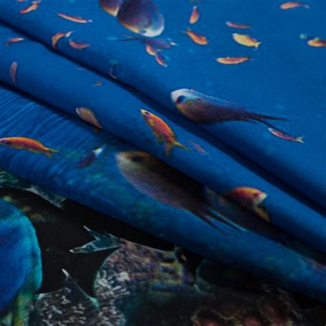 Marine Blue Organic Viscose Batiste With A Coral Reef Border Print