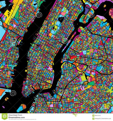 New York City Manhattan Colorful Map On Black Stock Vector