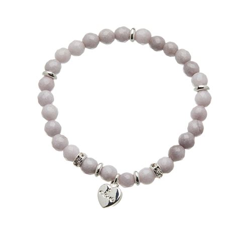 Womens Love Heart Bracelet Stretch With Grey Jade Beads And Crystals